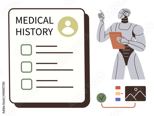 Healthcare technology, medical AI, future medicine, data sharing, patient management, clinical records. Humanoid robot reviewing medical history and data points. Healthcare technology and medical AI