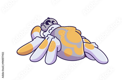 Turned away baby tarantula with fluffy paws, many eyes and ornamented body. Cute spider character back view. Happy arachnid, funny animal for Halloween. Flat isolated vector illustration on white