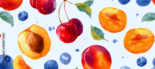 Watercolor fruit pattern featuring ripe peaches, apricots, blueberries, and cherries, creating a fresh, organic, and vibrant summer background texture