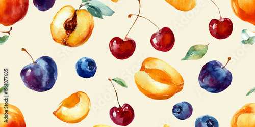 Watercolor painting featuring a seamless fruit pattern, ripe cherries, blueberries, plums, and apricots creating a vibrant summer food design
