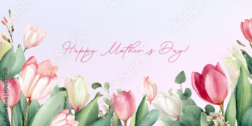 Happy mother's day poster featuring delicate watercolor florals, decorative border, and heartfelt greeting card layout ideal for modern celebration invitations with mom appreciation.