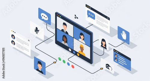 Isometric Illustration of a Virtual Meeting on a Tablet.