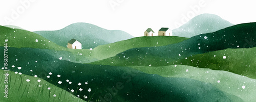 Watercolor landscape with green grass fields and rolling hills. Rural village scenery featuring meadows, trees, and distant mountains under spring sky with clouds.