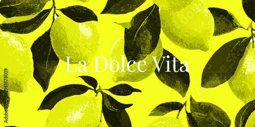 Retro Italian lemon illustration featuring watercolor fruit patterns. Vintage Amalfi Coast-inspired design ideal for summer posters, invitations, and Mediterranean-themed graphics.