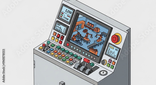 Illustration of an industrial control panel with multiple screens.