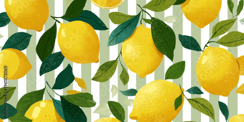 Watercolor lemon pattern with retro Italian summer vibes. Mediterranean fruit illustration featuring vintage Amalfi coast design elements and fresh citrus watercolor art.