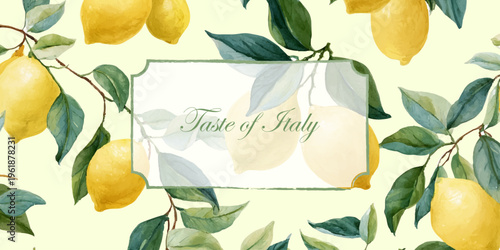 Watercolor lemon pattern with Mediterranean fruit borders. Summer citrus illustration featuring Italian Amalfi coast design. Fresh lemons, yellow gradient, retro frame elements.