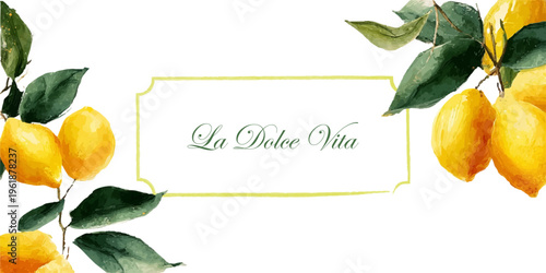 Italian lemon frame with bow and summer fruit pattern. Retro Mediterranean border design featuring watercolor lemons, ribbons, and vintage poster elements for cards.