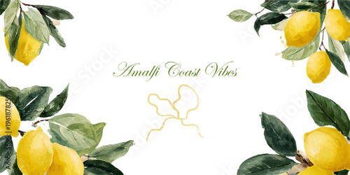 Watercolor lemon border with Mediterranean ribbon and fruit motifs. Italian summer poster design featuring retro frame, perfect for invitations and watercolor-themed prints.
