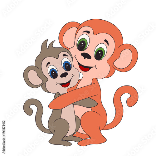 Cute hand drawn Punch monkey hugs with mom isolated transparent background. Perfect hugs day concept Editable stroke EPS 10