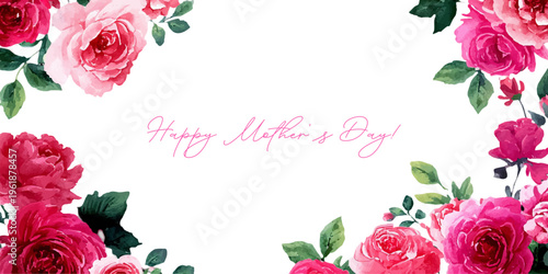 Watercolor mother's day card with blooming flowers and elegant frame, perfect gift template for celebrating mom with botanical spring bouquet and romantic feminine design.