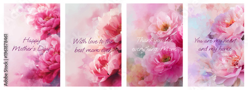 Watercolor peonies frame Mother's Day card template with elegant floral border, pink blooms, and botanical elements for greeting cards and celebration posters.