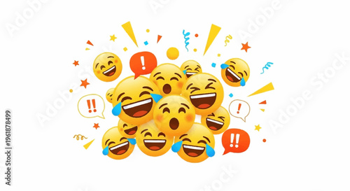 Colorful laughing emojis with tears of joy and exclamation marks on white background expressing happiness and excitement in digital illustration