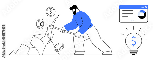 Financial growth, cryptocurrency, digital economy, economic innovation, wealth creation, investment. A man extracting coins with a pickaxe, a chart and a glowing idea bulb. Financial growth