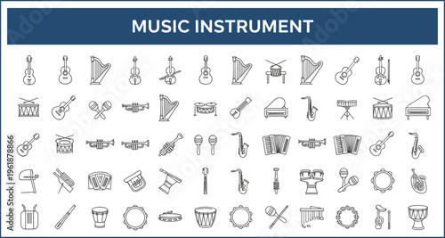 Comprehensive set of sixty musical instrument line icons featuring percussion strings and woodwinds in minimalist vector style.