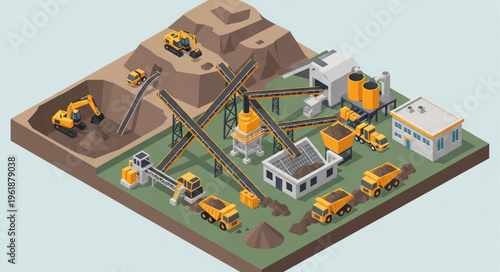 Isometric Mining Operation Illustration with Heavy Machinery and Processing Plant.