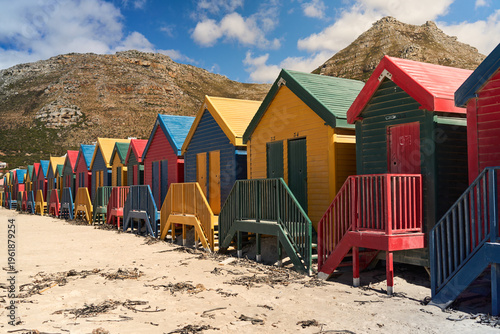 Colorful Cape Town Beach Huts Lining Sandy Shoreline, Painted Wooden Cabins With Bright Doors And Steps, Crisp