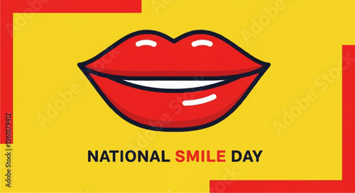 Smiling lips on yellow background with national smile day text for greeting cards and promotions