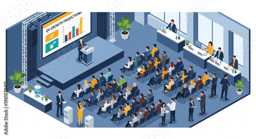 Business Conference Presentation with Audience and Speaker on Stage.