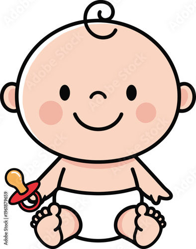 Cartoon baby illustration, cute infant with diaper and pacifier in playful design - flat vector graphic