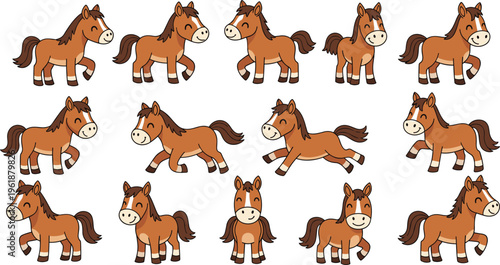 Cartoon horse characters, playful farm animal vector illustration, equine artwork design graphic - flat vector illustration