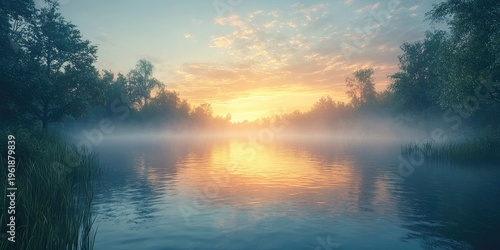 Misty lake at sunrise with calm water, dense forest on both sides, grassy shoreline, and distant mountains under cloudy sky. Generative by AI.
