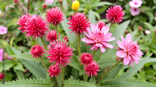 Monarda bunch with spiky red and pink blooms