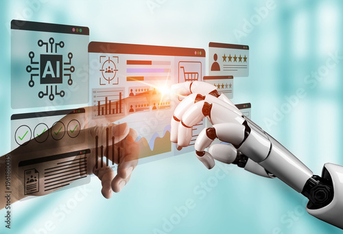 Canvastavla A captivating image depicting the interaction between a human hand and a robotic arm, exploring technology impact on business and communication in a digital landscape