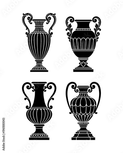 Set of vintage decorative vases silhouettes vector isolated on white
