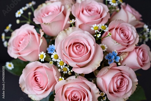 a bunch of pink roses and blue flowers on a black background
