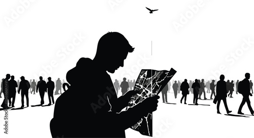 Lone figure studies map amidst anonymous crowd, searching for direction