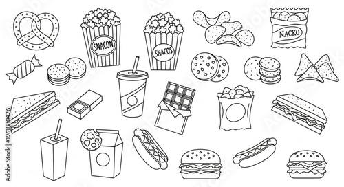 Hand-Drawn Assortment of Unhealthy Snack Foods and Fast Food Items.