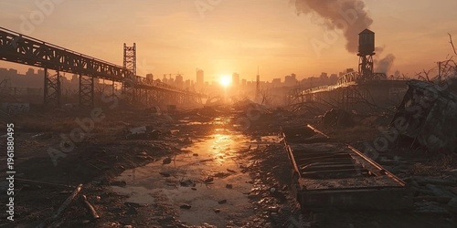 Collapsing suspension bridge over river in destroyed cityscape with smoke, debris, and high-rise buildings under orange sky. Generative by AI.