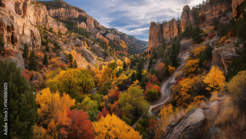 Canyons showcase vibrant autumn foliage in golden light, created AI