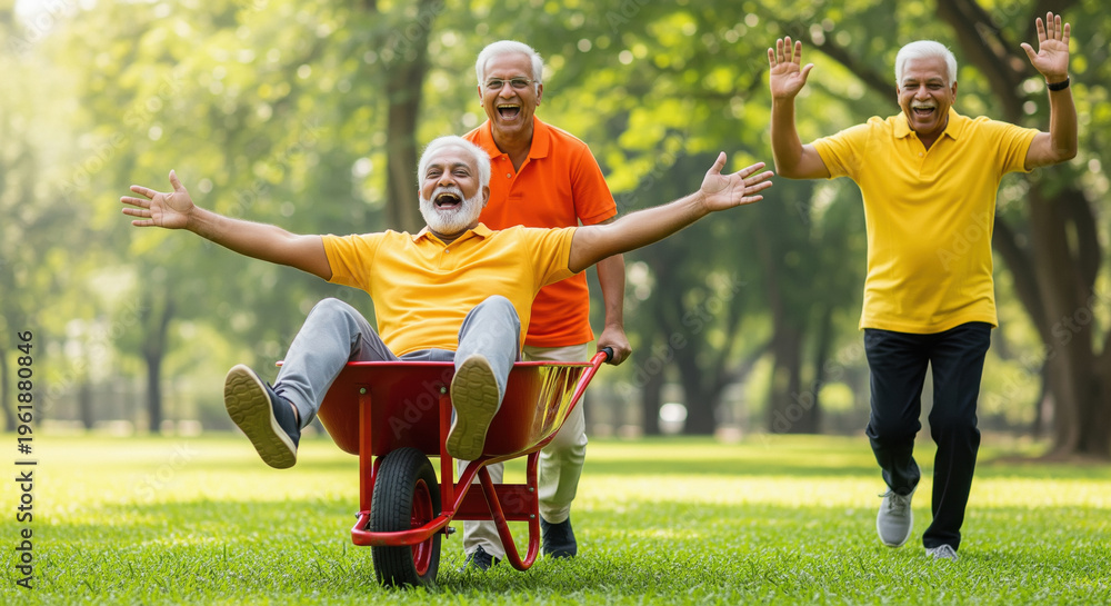 Fototapeta premium Joyful Senior Indian Men Playing with Wheelbarrow in Park