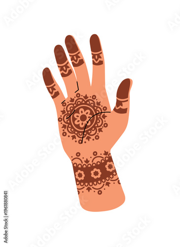 Human hand with mehendi pattern. Female palm with mehndi print. Abstract Indian, African and Arabic ornaments on body. Design of henna tattoo. Flat isolated vector illustration on white background