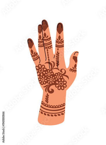 Abstract henna tattoos with flowers on hand. Indian bridal mehendi. Mehndi ornaments on female palm. Design of body art pattern on arm. Flat isolated vector illustration on white background