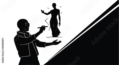 Artist uses digital tools to bring a holographic figure to life in a futuristic studio.