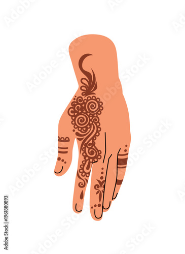Traditional Indian henna tattoo with mandala pattern. Design of bridal mehendi on female hand. Mehndi with abstract Arabic ornament on palm. Flat isolated vector illustration on white background