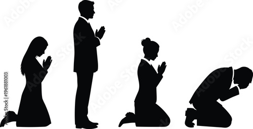 Vector illustration of human silhouettes in prayer postures including kneeling, standing, and bowing, symbolizing worship, devotion, humility, and spiritual reverence concepts