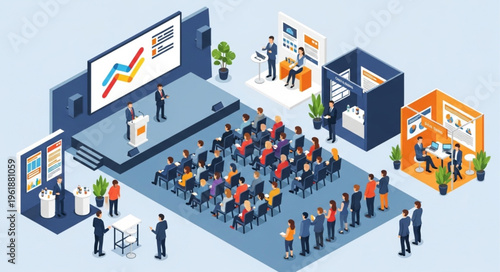 Isometric View of a Business Conference with Speakers and Attendees.