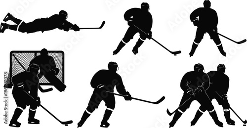 MobileVector illustration of ice hockey player silhouettes in dynamic action poses including skating, diving, puck handling, defense, and goalie blocking shot in sport design