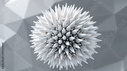 Hedgehog-like deeply porous white structure consisting of protruding peaks of streamlined needles arranged in regular waving rows on spherical surface, 3D illustration. Abstract geometric background.