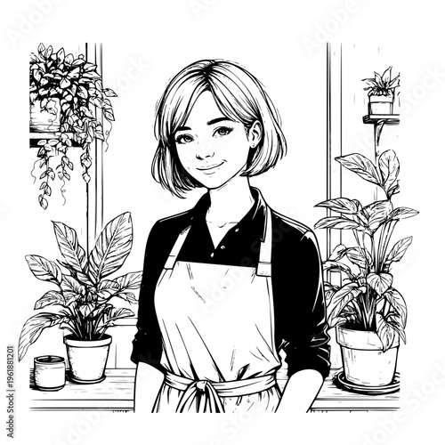 A girl in the garden takes care of flowers, black and white sketch. Vector illustration. House plants in pots. Theme of gardening, spring, work in the greenhouse