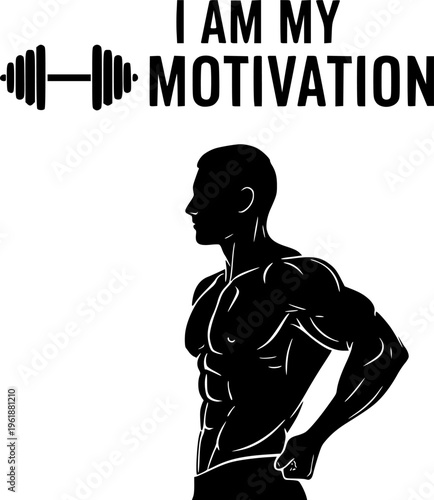 Solid black silhouette of a muscular bodybuilder with motivation text and barbell, minimalist gym fitness and strength training vector illustration isolated on white.