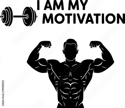Solid black silhouette of a muscular bodybuilder with motivation text and barbell, minimalist gym fitness and strength training vector illustration isolated on white.
