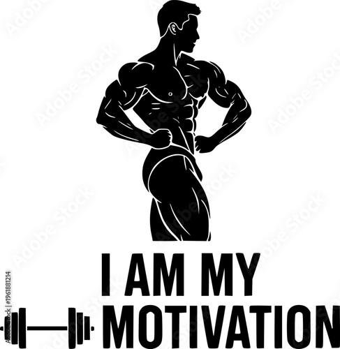 Solid black silhouette of a muscular bodybuilder with motivation text and barbell, minimalist gym fitness and strength training vector illustration isolated on white.
