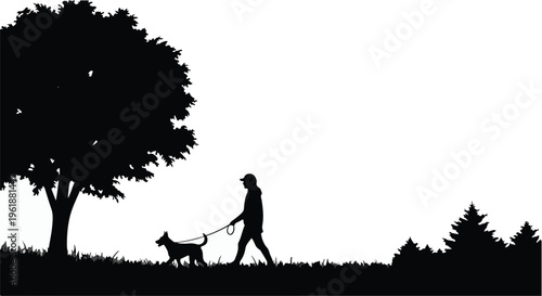 Person walking a dog on a leash in a park with trees and grass
