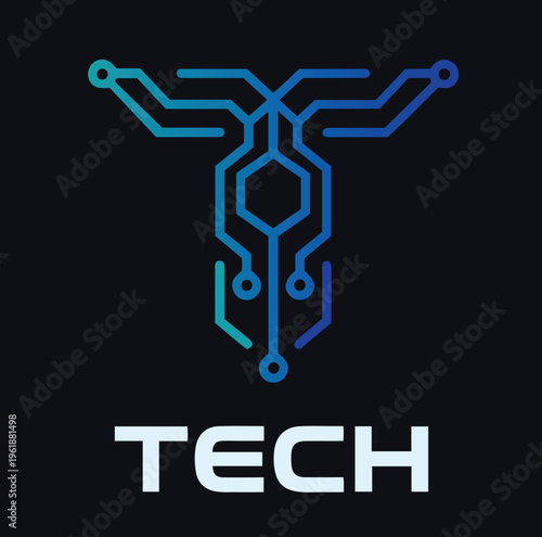 Modern Tech T Logo Symbol; Abstract Blue Teal Gradient Circuit Board Letter T Icon for AI Startup Branding, Semiconductor Software, Cybersecurity Identity, and Digital Innovation Graphics.