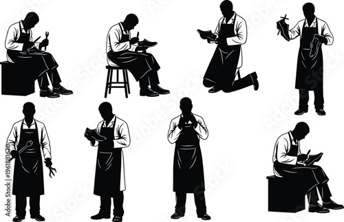 Vector illustration of shoemaker silhouettes performing traditional shoe repair tasks including hammering, sewing, polishing, and inspecting footwear, symbolizi